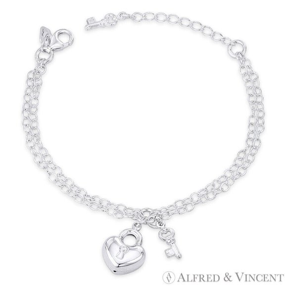 Heart Lock, Key & 2.7mm Oval Cable Double Chain Bracelet in .925 Sterling Silver - Picture 1 of 1